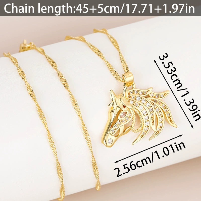 Three-dimensional Horse Pendant Necklace In Copper With Electroplated Gold Plating Process, Unisex Design