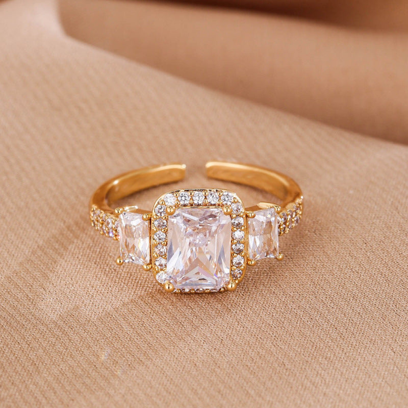 Simple Style Rectangle Copper Ring For Women With Real Gold Plated Claw Setting And Zircon Inlay
