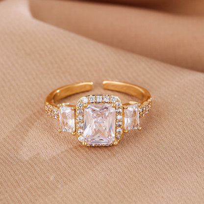 Simple Style Rectangle Copper Ring For Women With Real Gold Plated Claw Setting And Zircon Inlay