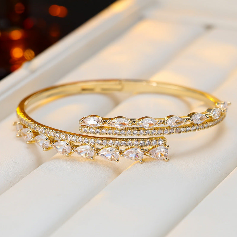 Simple Style Double Ring Bangle With Zircon Inlay, Electroplated Copper Jewelry