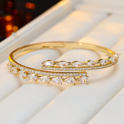 Simple Style Double Ring Bangle With Zircon Inlay, Electroplated Copper Jewelry
