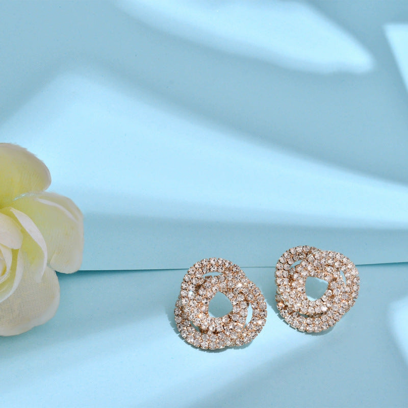 Geometric Stud Earrings For Women In Gold Featuring Copper Ear Pins And Rhinestone Inlay