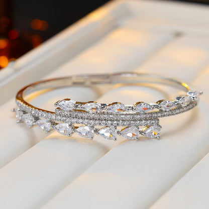 Simple Style Double Ring Bangle With Zircon Inlay, Electroplated Copper Jewelry