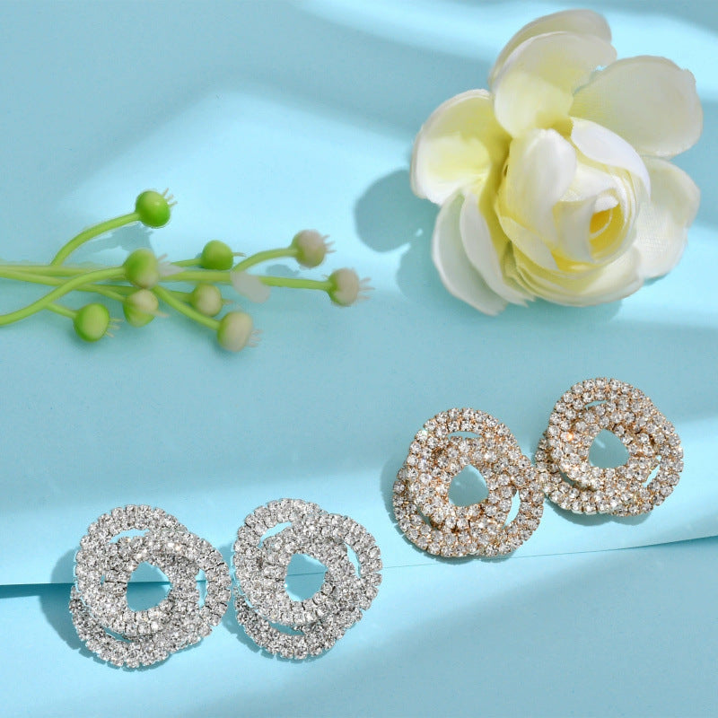 Geometric Stud Earrings For Women In Gold Featuring Copper Ear Pins And Rhinestone Inlay