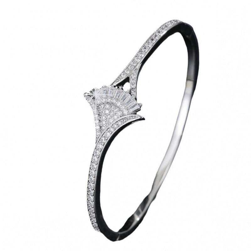 Elegant Sector Inlay Bangle For Women, Copper Material With Electroplated Gold Plating And Zircon Inlay