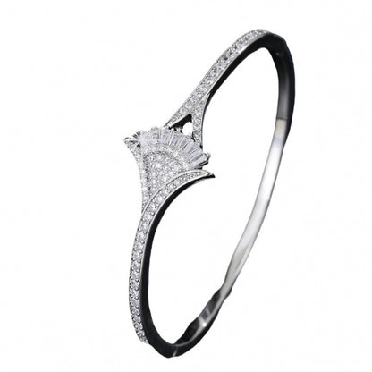 Elegant Sector Inlay Bangle For Women, Copper Material With Electroplated Gold Plating And Zircon Inlay