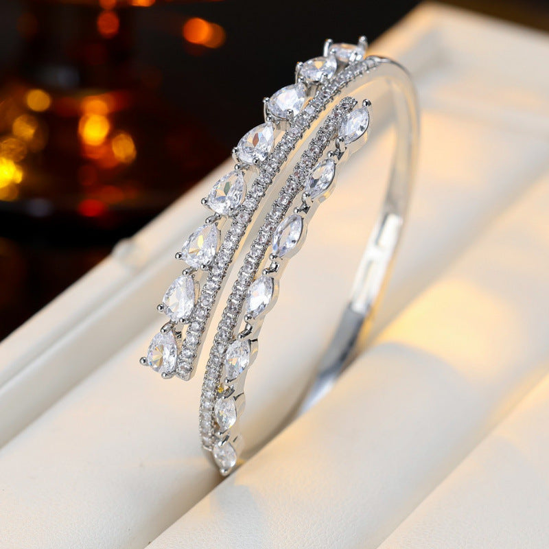 Simple Style Double Ring Bangle With Zircon Inlay, Electroplated Copper Jewelry