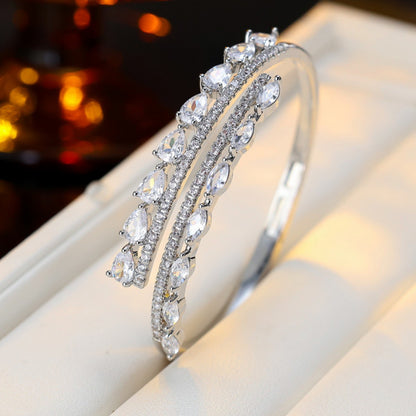 Simple Style Double Ring Bangle With Zircon Inlay, Electroplated Copper Jewelry