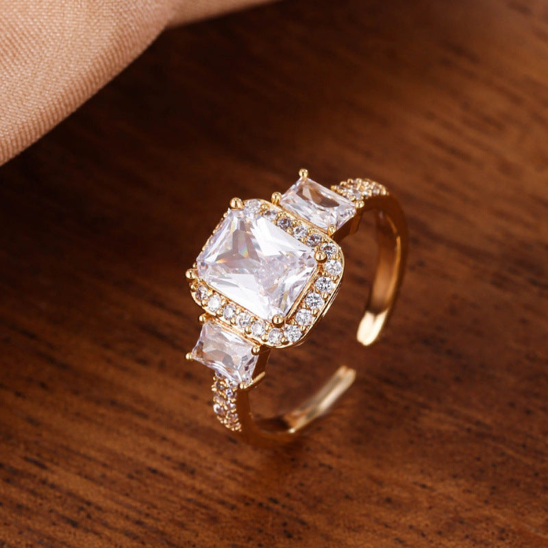 Simple Style Rectangle Copper Ring For Women With Real Gold Plated Claw Setting And Zircon Inlay