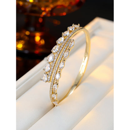 Simple Style Double Ring Bangle With Zircon Inlay, Electroplated Copper Jewelry
