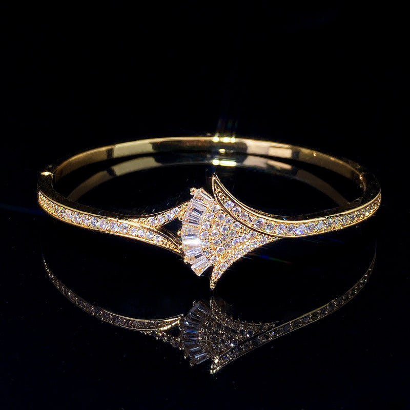 Elegant Sector Inlay Bangle For Women, Copper Material With Electroplated Gold Plating And Zircon Inlay