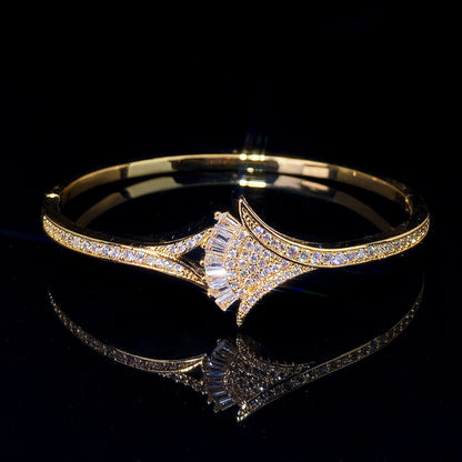 Elegant Sector Inlay Bangle For Women, Copper Material With Electroplated Gold Plating And Zircon Inlay