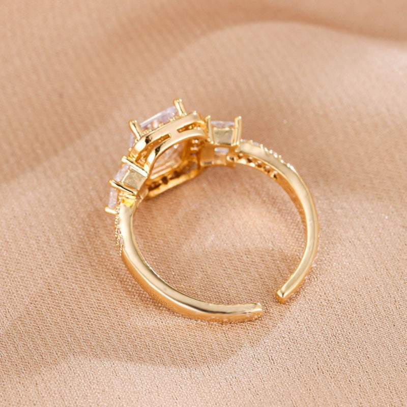 Simple Style Rectangle Copper Ring For Women With Real Gold Plated Claw Setting And Zircon Inlay