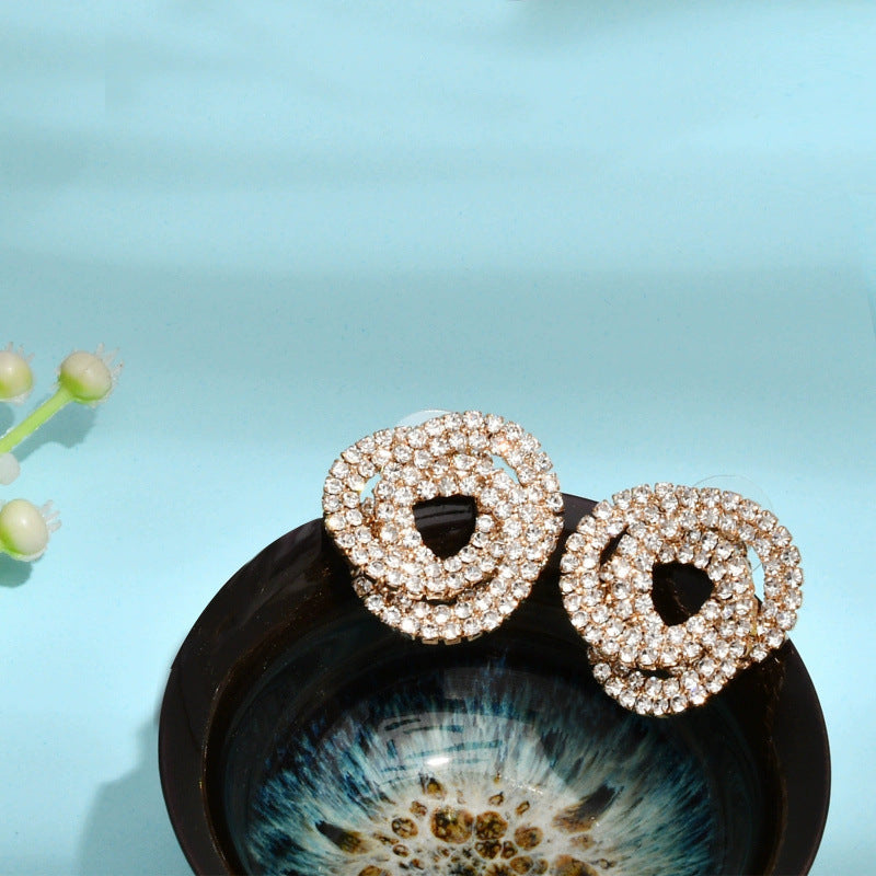 Geometric Stud Earrings For Women In Gold Featuring Copper Ear Pins And Rhinestone Inlay