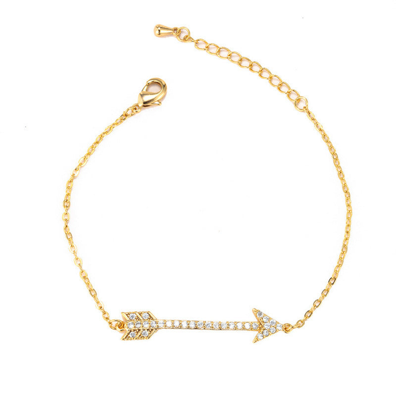 Arrow Pattern Copper Bangle Bracelet With Zircon Inlay In Gold, Simple Style For Couples