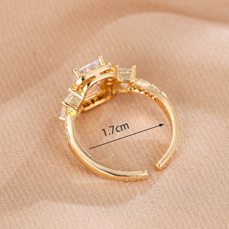 Simple Style Rectangle Copper Ring For Women With Real Gold Plated Claw Setting And Zircon Inlay