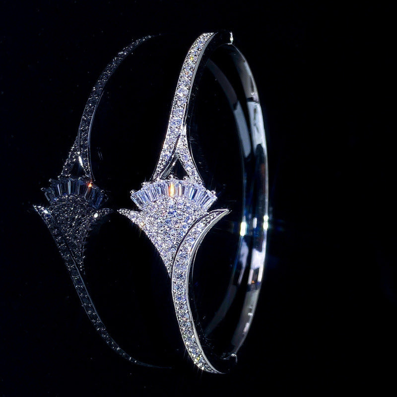 Elegant Sector Inlay Bangle For Women, Copper Material With Electroplated Gold Plating And Zircon Inlay
