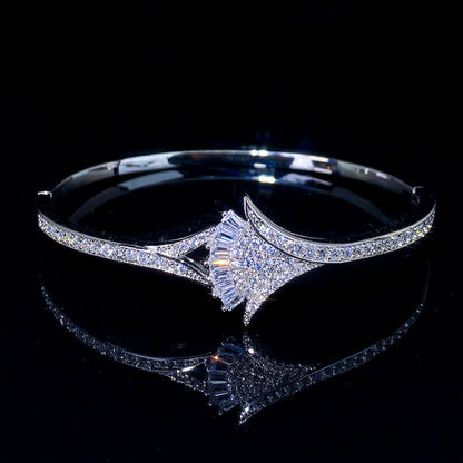 Elegant Sector Inlay Bangle For Women, Copper Material With Electroplated Gold Plating And Zircon Inlay