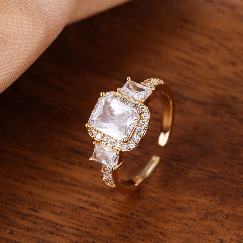 Simple Style Rectangle Copper Ring For Women With Real Gold Plated Claw Setting And Zircon Inlay