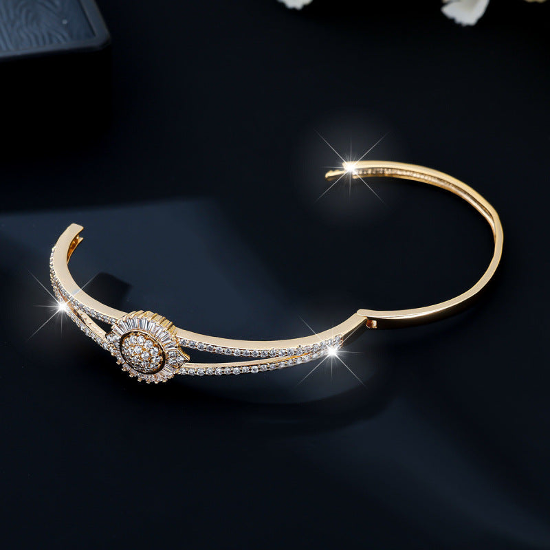 Elegant Flowers Inlay Bangle For Women, Copper Material With Rhinestones, Electroplated Gold Plating