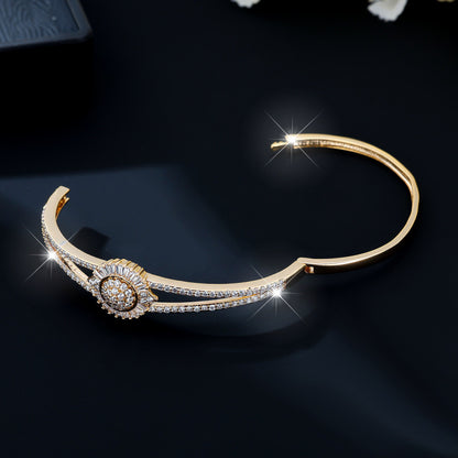 Elegant Flowers Inlay Bangle For Women, Copper Material With Rhinestones, Electroplated Gold Plating