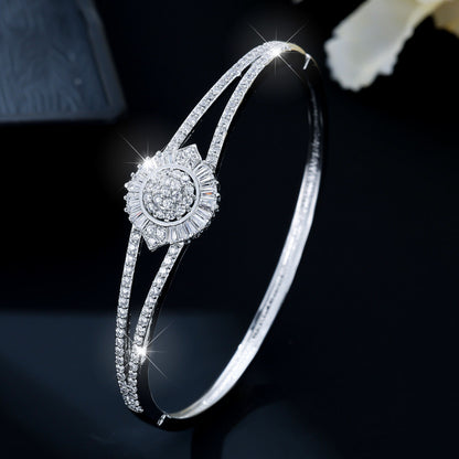 Elegant Flowers Inlay Bangle For Women, Copper Material With Rhinestones, Electroplated Gold Plating