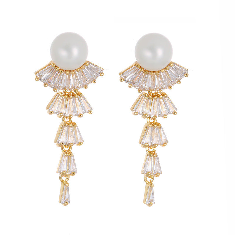 Tassel Copper Earrings For Women With Zircon Inlay, Elegant Drop Earrings