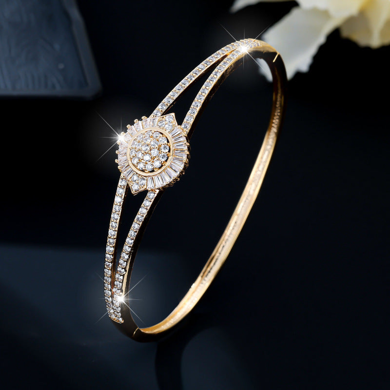 Elegant Flowers Inlay Bangle For Women, Copper Material With Rhinestones, Electroplated Gold Plating