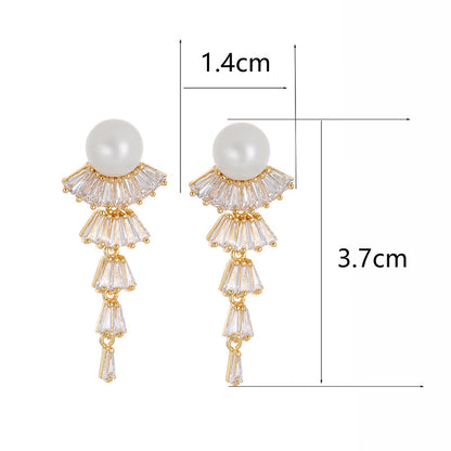 Tassel Copper Earrings For Women With Zircon Inlay, Elegant Drop Earrings