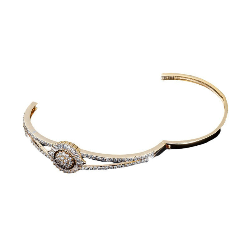 Elegant Flowers Inlay Bangle For Women, Copper Material With Rhinestones, Electroplated Gold Plating