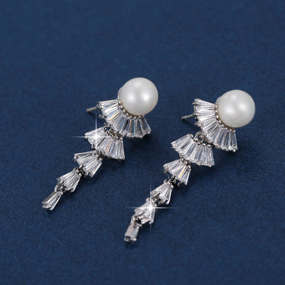 Tassel Copper Earrings For Women With Zircon Inlay, Elegant Drop Earrings