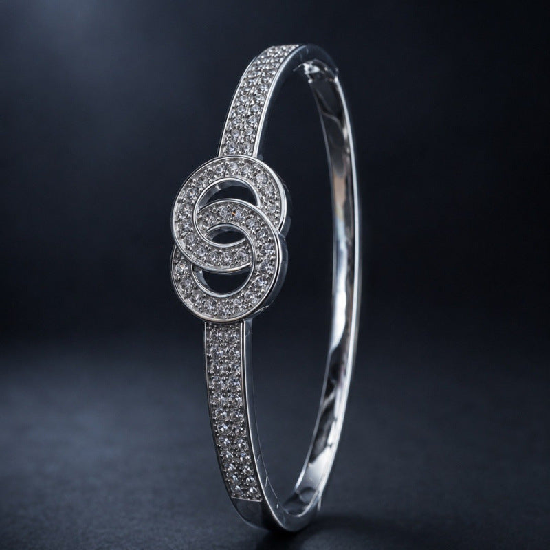 Double Ring Copper Bangle With Zircon Inlay, Electroplated Gold Plating In Silver
