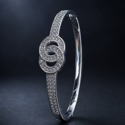 Double Ring Copper Bangle With Zircon Inlay, Electroplated Gold Plating In Silver