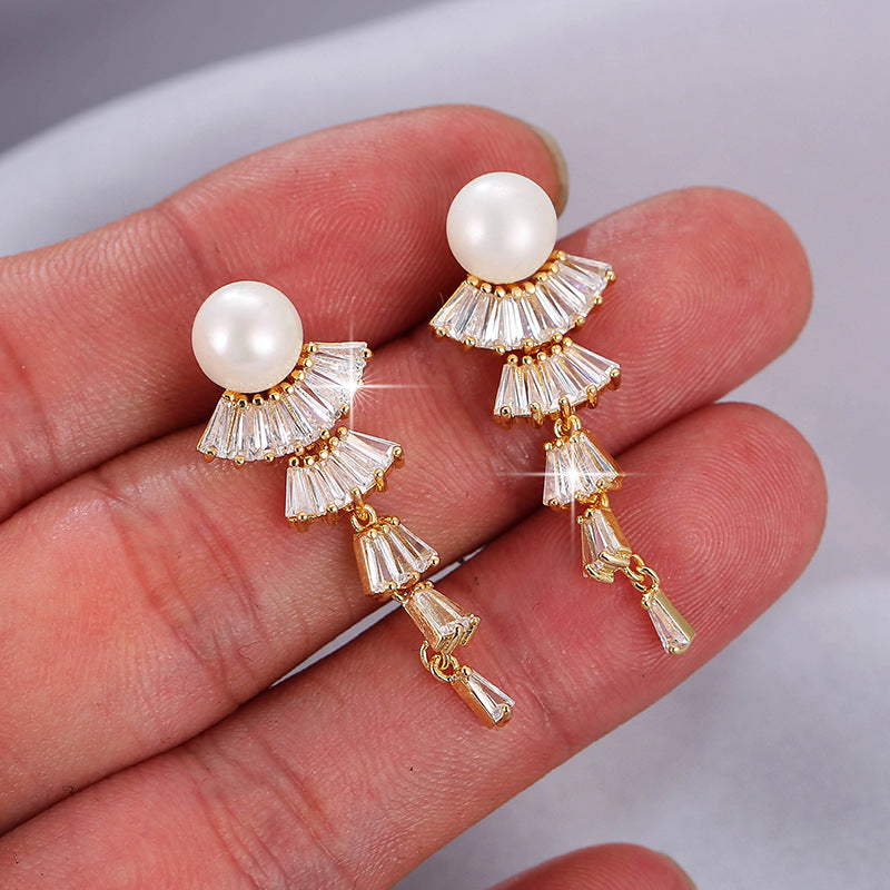 Tassel Copper Earrings For Women With Zircon Inlay, Elegant Drop Earrings