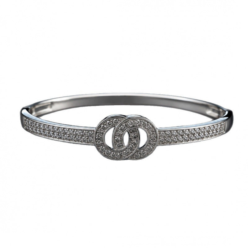 Double Ring Copper Bangle With Zircon Inlay, Electroplated Gold Plating In Silver