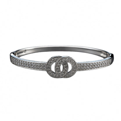 Double Ring Copper Bangle With Zircon Inlay, Electroplated Gold Plating In Silver