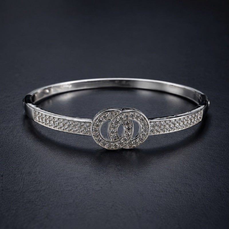 Double Ring Copper Bangle With Zircon Inlay, Electroplated Gold Plating In Silver