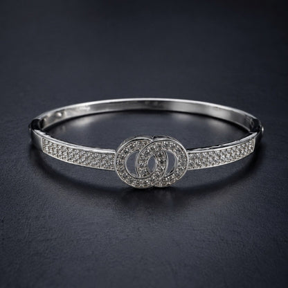 Double Ring Copper Bangle With Zircon Inlay, Electroplated Gold Plating In Silver
