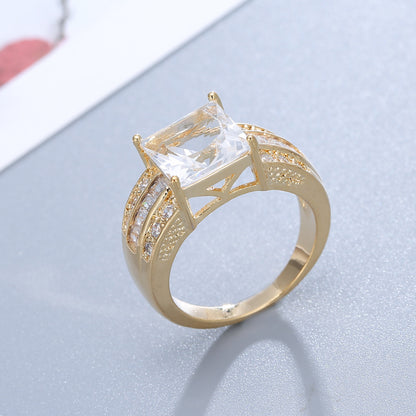 Geometric Copper Ring For Women With Electroplated Gold Plating And Zircon Inlay