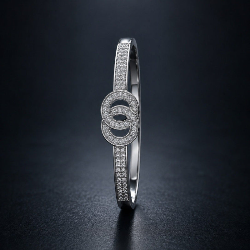 Double Ring Copper Bangle With Zircon Inlay, Electroplated Gold Plating In Silver