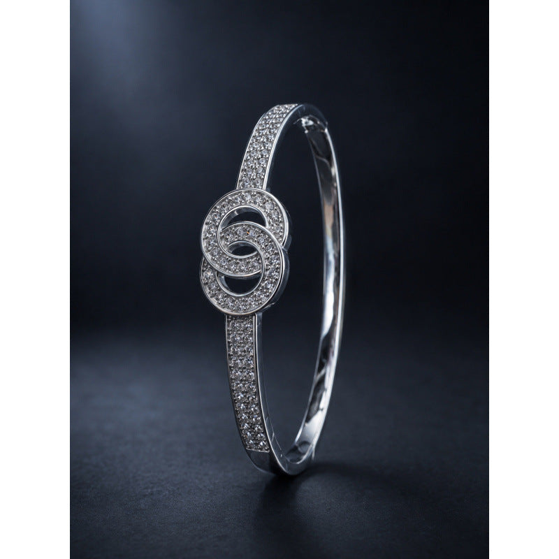 Double Ring Copper Bangle With Zircon Inlay, Electroplated Gold Plating In Silver