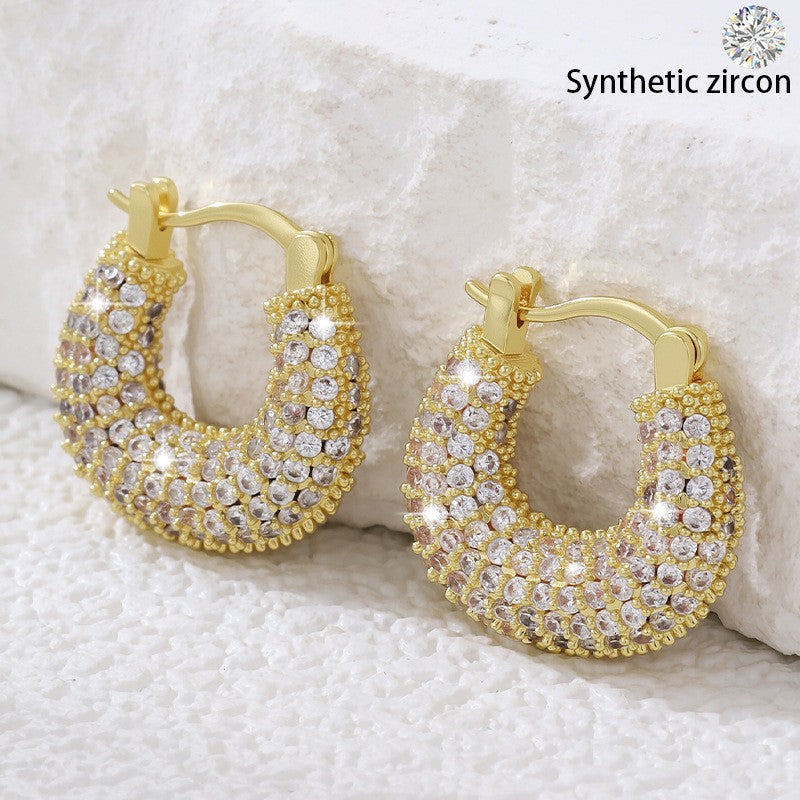 For Women Irregular Gold Earrings With Copper Studs Featuring Bezel Setting And Zircon Inlay