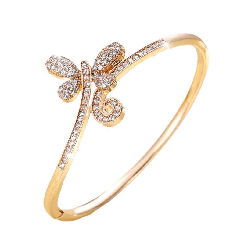 Butterfly Inlay Bangle For Women In Copper With Zircon Electroplated Gold Plating Process