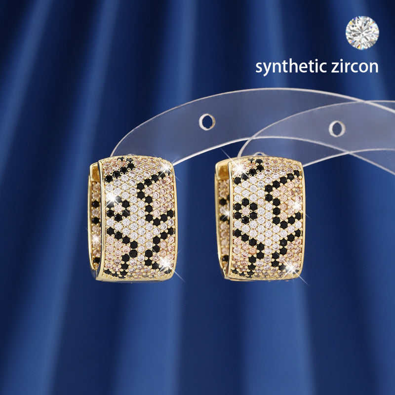 Leopard Print Earrings For Women Featuring Copper Studs And Zircon Inlay In White