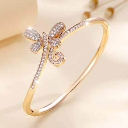 Butterfly Inlay Bangle For Women In Copper With Zircon Electroplated Gold Plating Process
