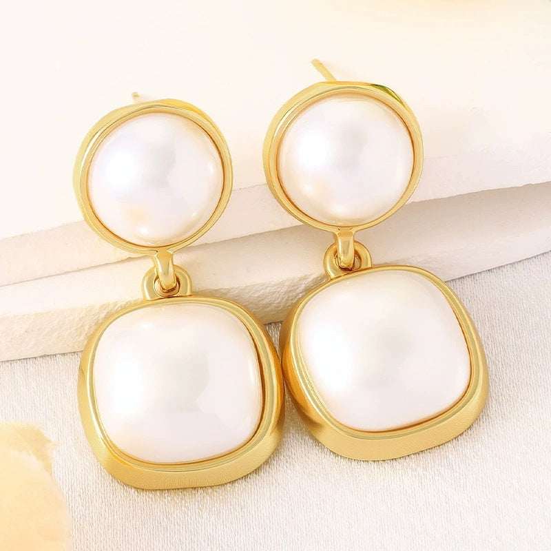 Geometric Stud Earrings For Women Featuring Electroplated Copper With Artificial Pearl Inlay
