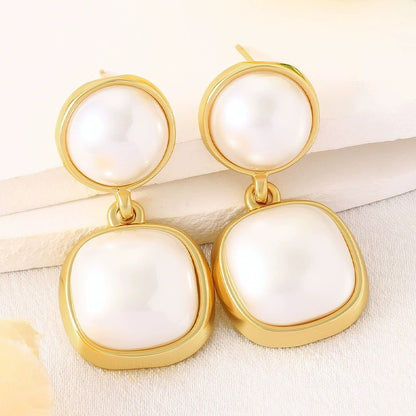 Geometric Stud Earrings For Women Featuring Electroplated Copper With Artificial Pearl Inlay