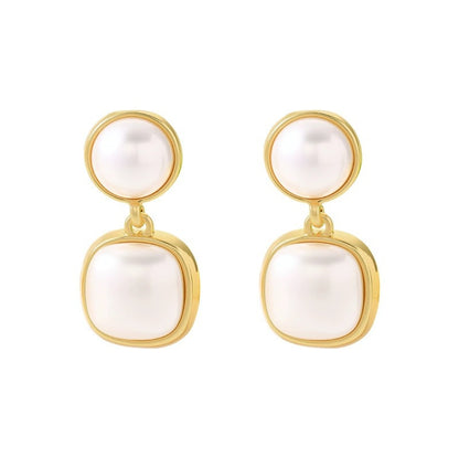 Geometric Stud Earrings For Women Featuring Electroplated Copper With Artificial Pearl Inlay