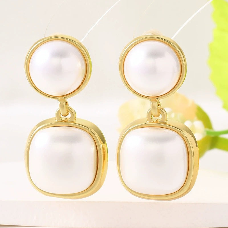 Geometric Stud Earrings For Women Featuring Electroplated Copper With Artificial Pearl Inlay