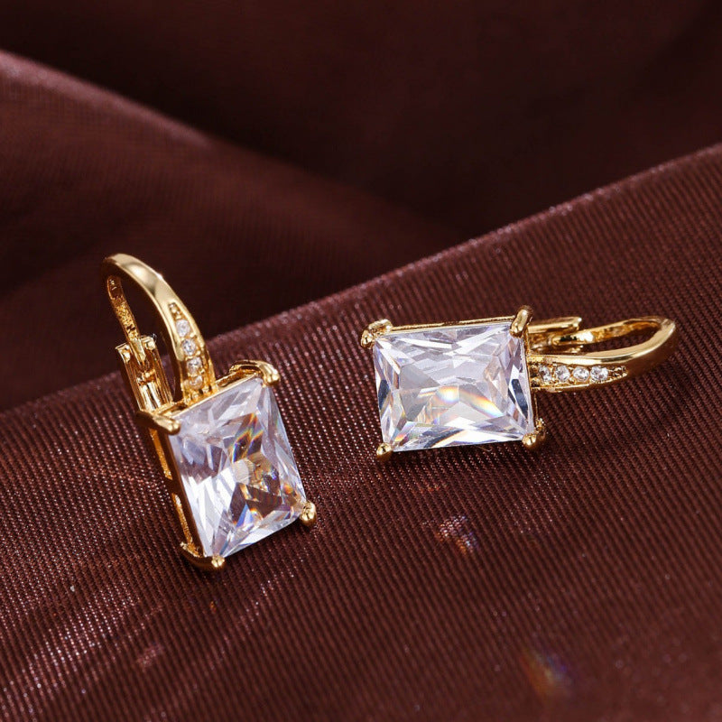 Women’s Rectangle Earrings With Zircon Inlay In White, Electroplated Copper Ear Clips